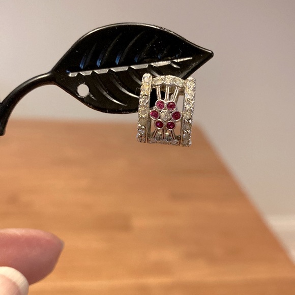 Earrings.  Rhinestone huggies with pink flowers.  L: 1/2 in.  Never worn - Picture 1 of 4